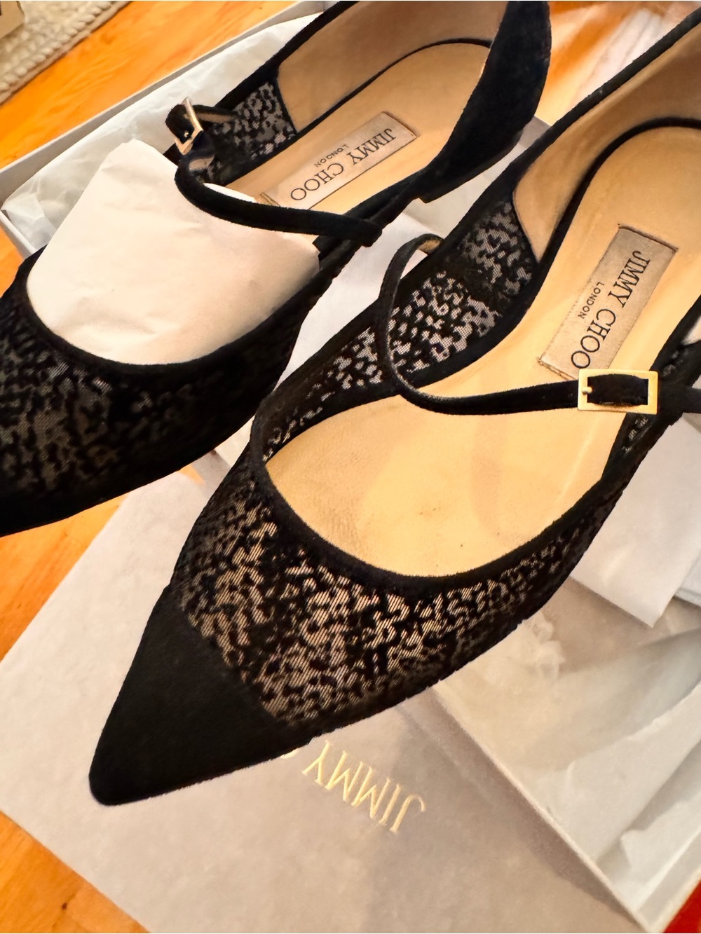 Jimmy Choo Black Lace Pointed-Toe Mary Jane Heels